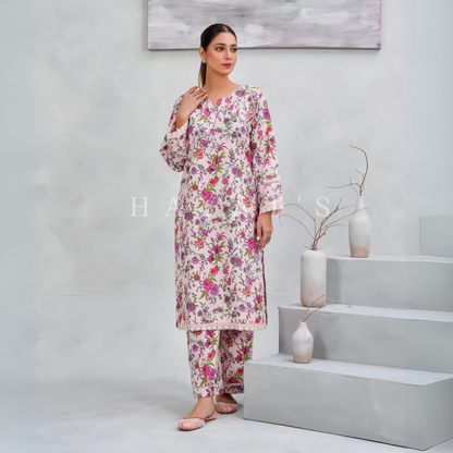 Pale Pink  2 Pc floral Printed Khaddar Pakistani Co-Ords Set | Ready to wear| Hayats