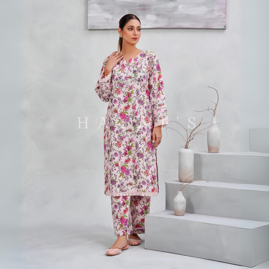 Pale Pink  2 Pc floral Printed Khaddar Pakistani Co-Ords Set | Ready to wear| Hayats