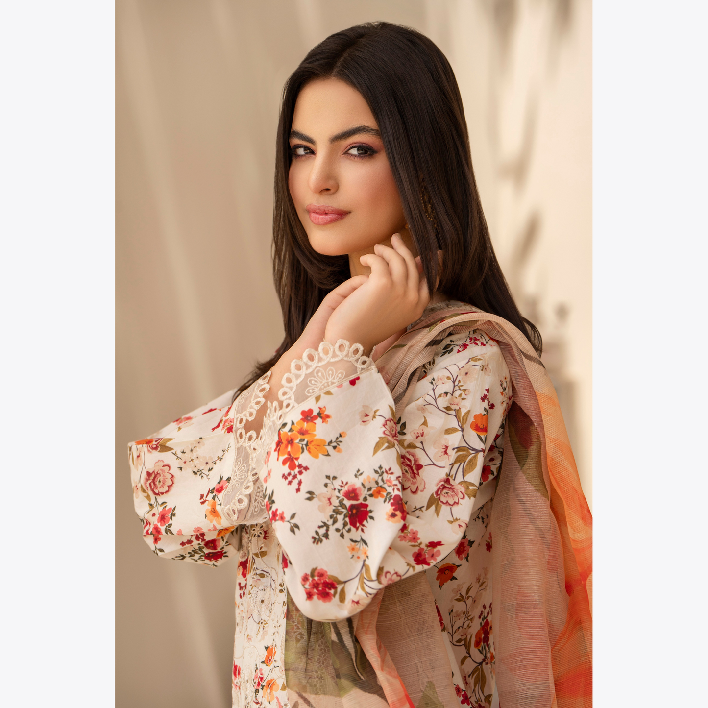 Multi floral Print Cotrai dhanak with pasmina wool shawl 3 Pc - Karma Collection | UMKC0601