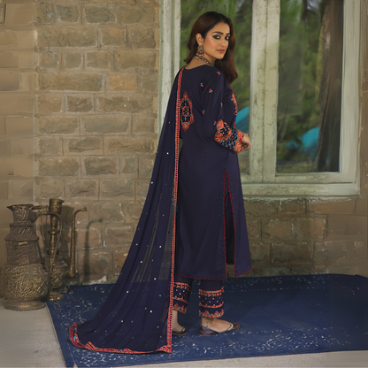3 Pc Embroidered Linen Dress With Chiffon Dupatta | UMNAA