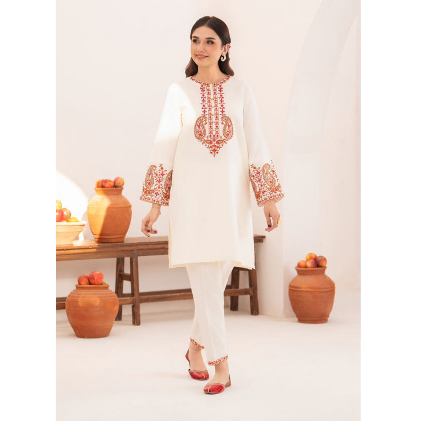UA-49 Embroidered Cambric  Cotton with Pockets 2 Pc Co Ord Set Dress | Ready to wear | UMNAA