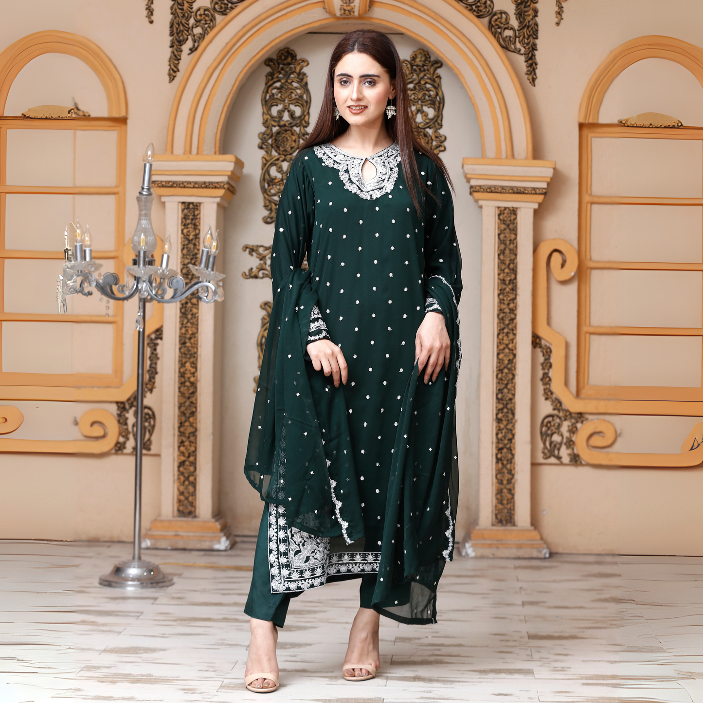 UA-54 3Pc Luxury Embroidered Chiffon Dress with Chiffon Dupatta 3 Pc |Ready to Wear| Umnaa