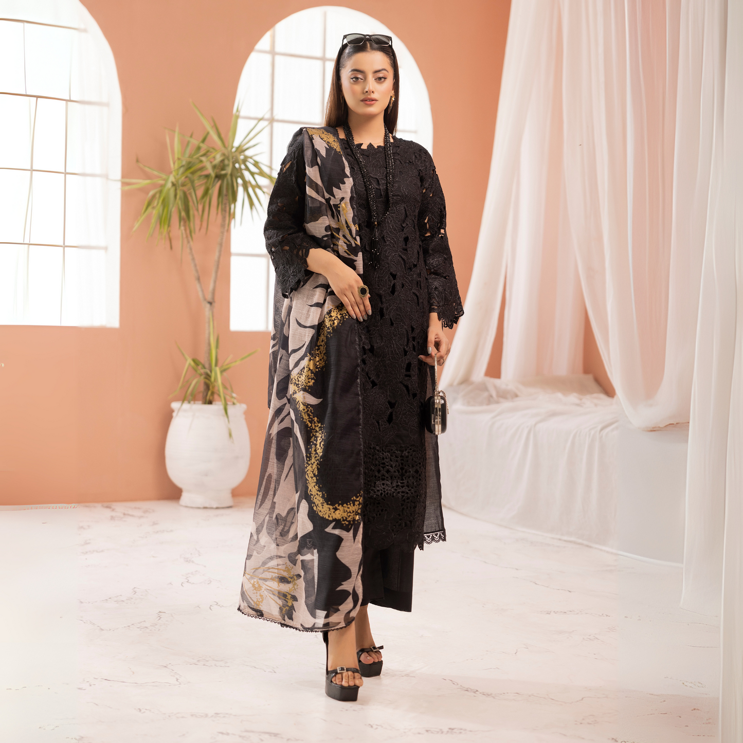 UMS-16 3 Pc Chikenkari Cambric Cotton Ready to Wear Dress | Simrans