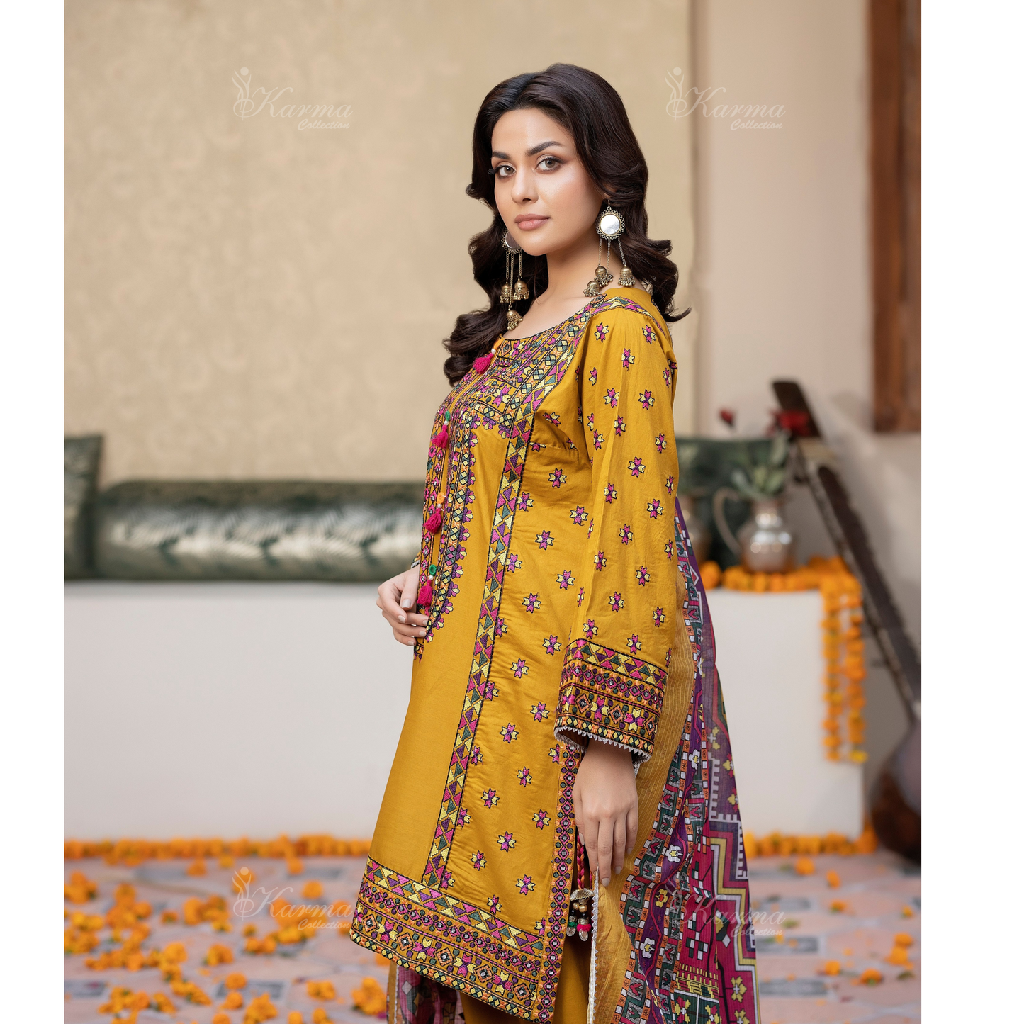 KC-1433 Embroidered Cambric Cotton Farshi Shalwar Kameez Ready to Wear 3 Pc - Karma Collection