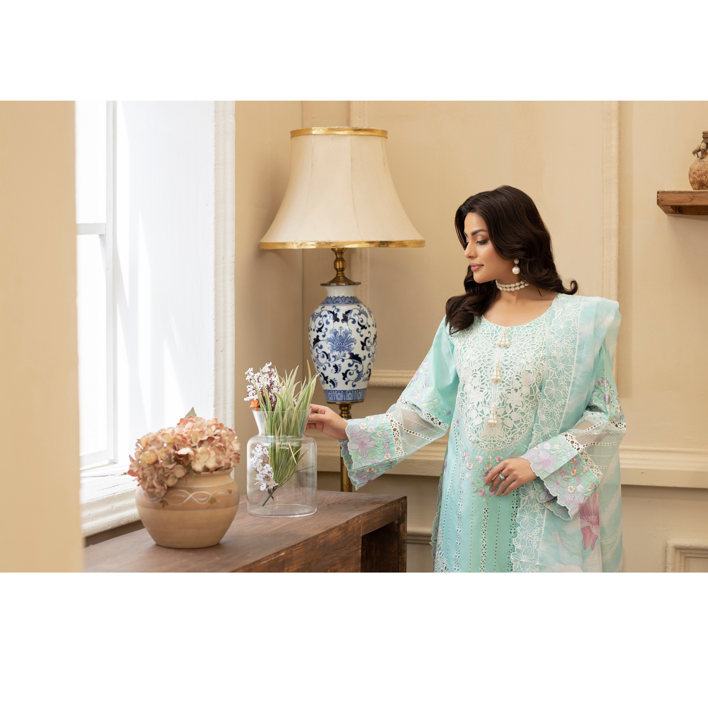 KC-1435 Embroidered Cambric Cotton Farshi Shalwar Kameez Ready to Wear 3 Pc - Karma Collection