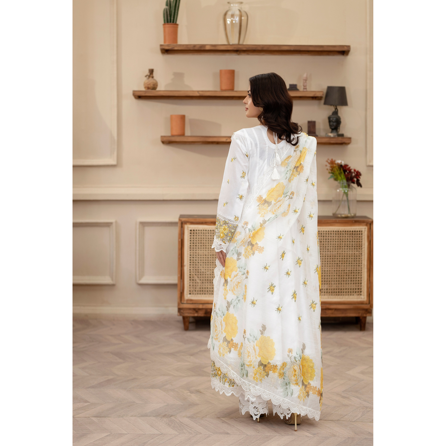 KC-1436 Embroidered Cambric Cotton long Frock Dress Ready to Wear 3 Pc - Karma Collection