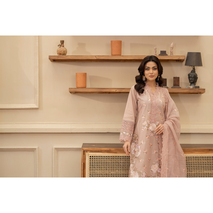 KC-1437 Embroidered Cambric Cotton long Frock Dress Ready to Wear 3 Pc - Karma Collection