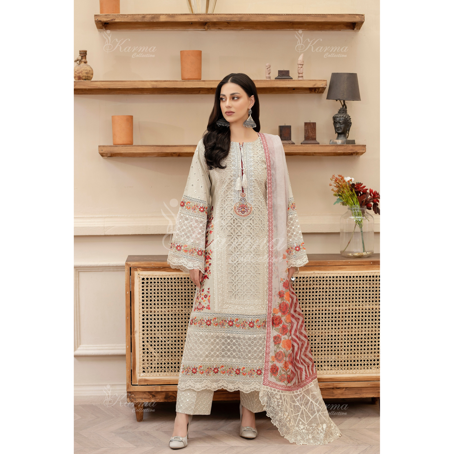 KC-1431 Embroidered Cambric Cotton Dress Ready to Wear 3 Pc - Karma Collection