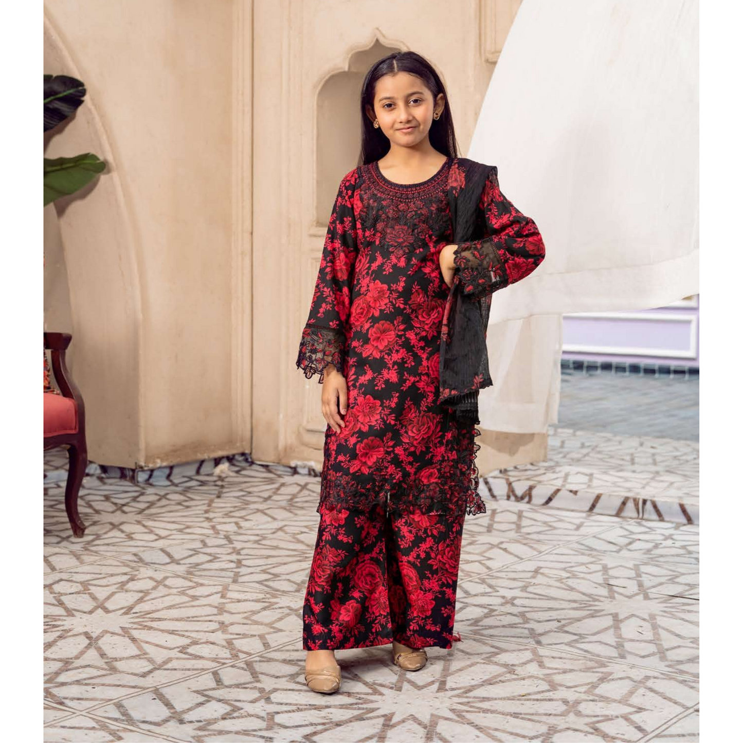 3 Pc Mother n Daughter Linen Embroidered Printed Dress | Festive Collection | Rangz