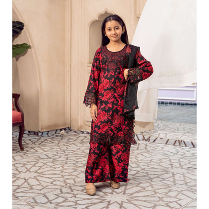 3 Pc Mother n Daughter Linen Embroidered Printed Dress | Festive Collection | Rangz
