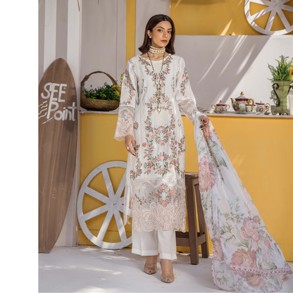 Floral Embroidered Viscose Linen 3 Pc Pakistani Dress | Ready to wear | Traditional Thread