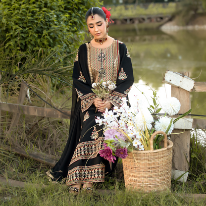 UHE-53 (black) 3 Pc Luxury Embroidered Cambric Cotton ready to wear Dress | Summer Wear | Heera's