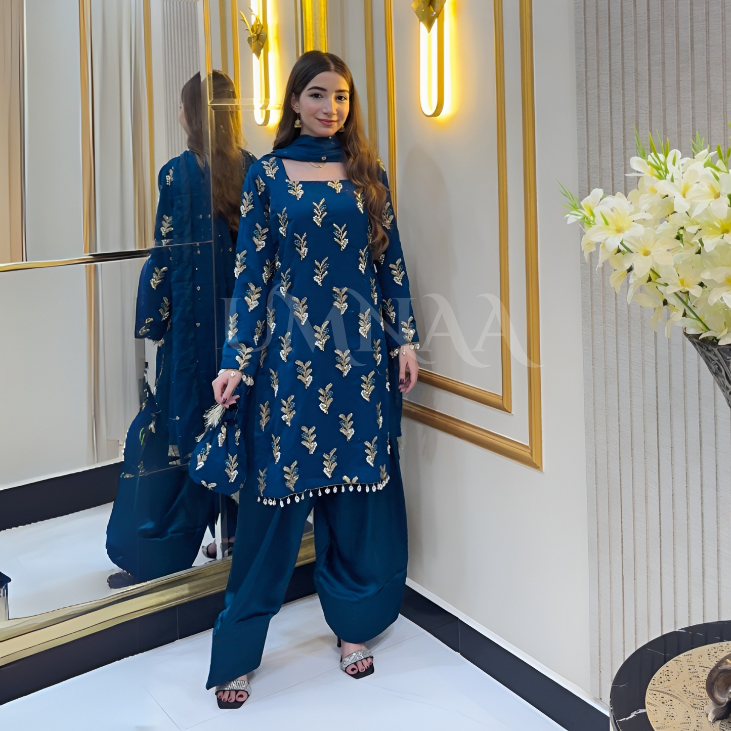 Embroidered Chiffon Luxury Trendy Farshi Shalwar with Potli Festive Collection- Umnaa