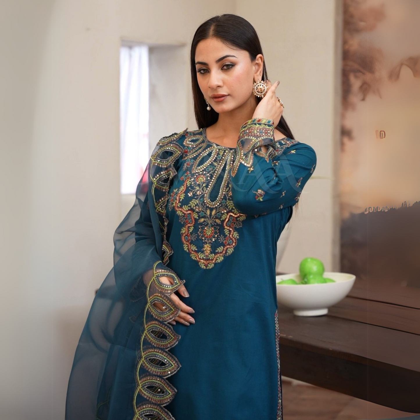 (Teal Blue) Luxury Cambric Cotton Farshi Shalwar Ready to Wear Pakistani Dress | Umnaa
