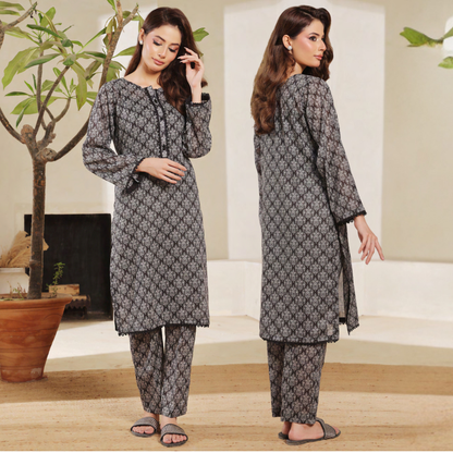2 Pc Printed Lawn Monochrome Co-Ords Dress - Saphron