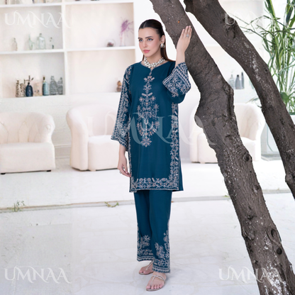 UA-146 Embroidered Linen dress with Pashmina Shawl | Umnaa