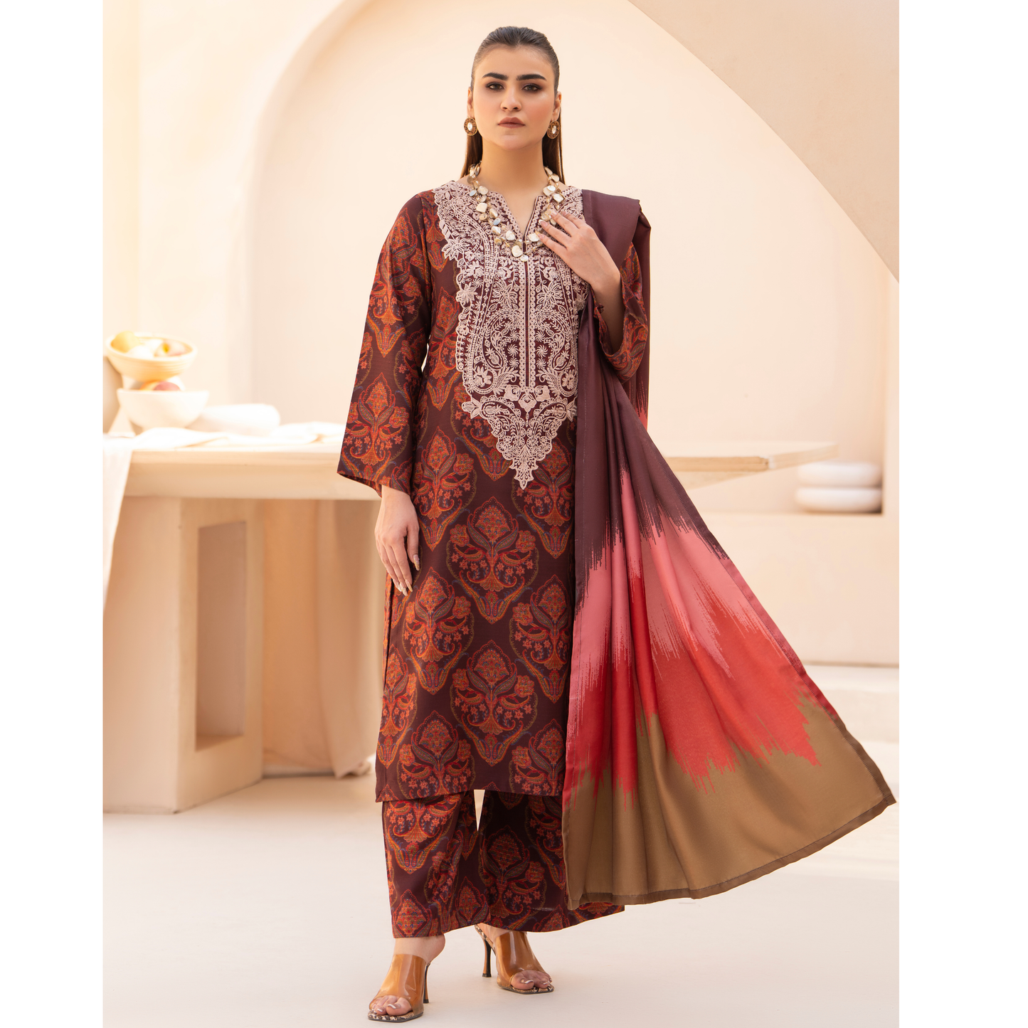 RA-24 Embroidered Printed Dhanak dress with Wool Shawl  by Raniya.h