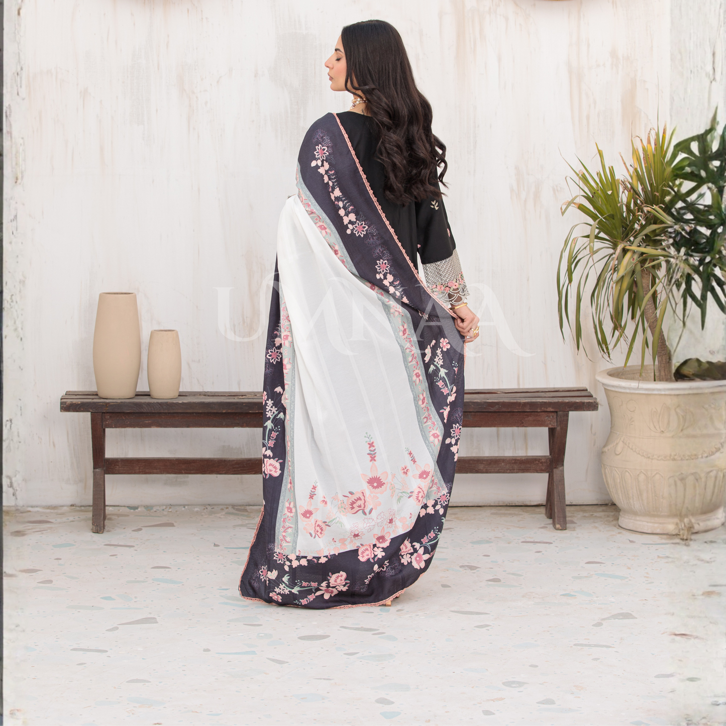 UA-147 Embroidered Viscose Dress with Silk Dupatta | Umnaa
