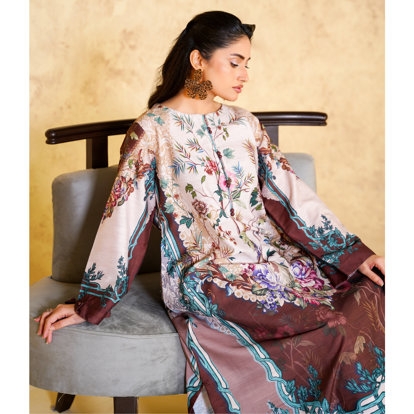 UA-157 Printed Slub Khaddar Kaftan Co-Ord Set | Winter 2 Piece Outfit