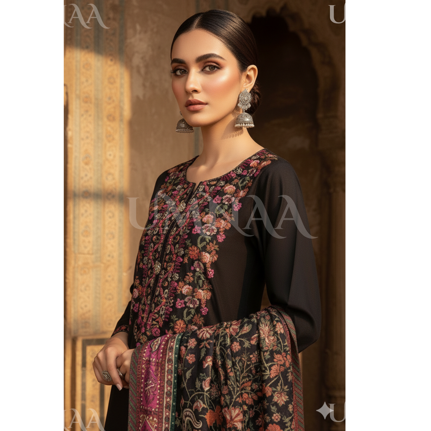 UA-161 Embroidered Dhanak dress with Pashmina Shawl by Umnaa
