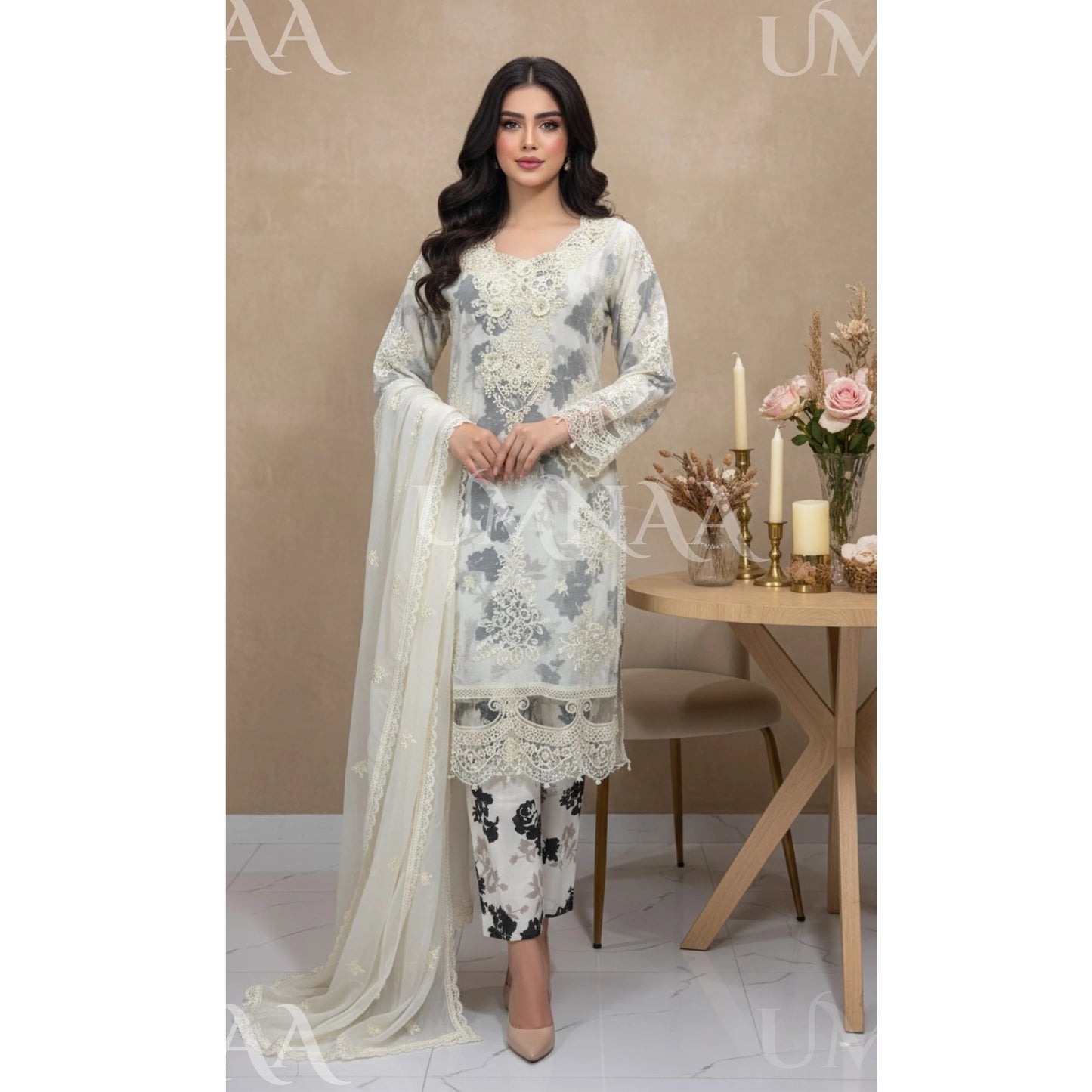 UA-165 Embroidered Chiffon 3-Piece with Printed Lining & Trouser