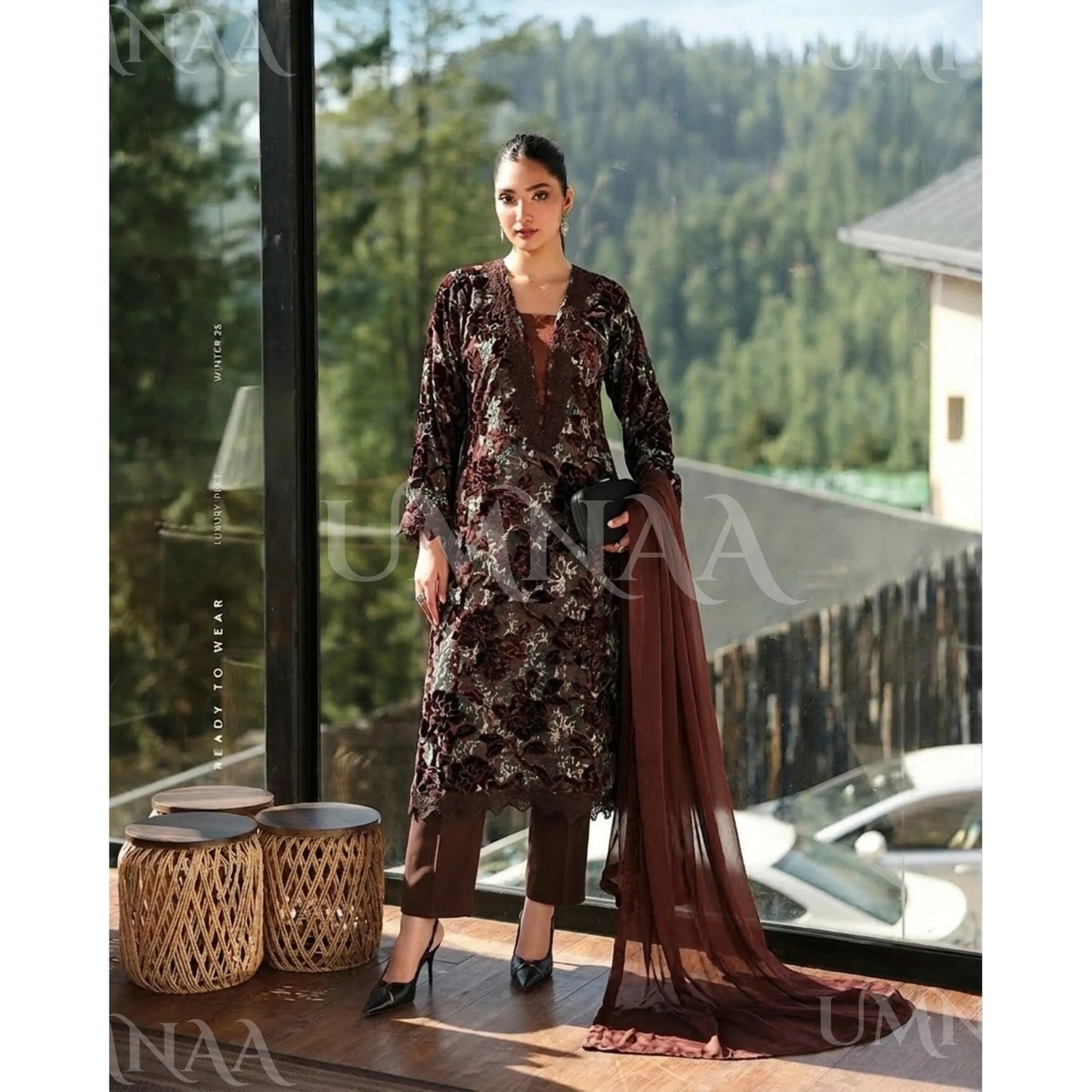 UA-175 Festive Palachi Velvet Dress with Chiffon Dupatta 3 Pc Collection by Umnaa