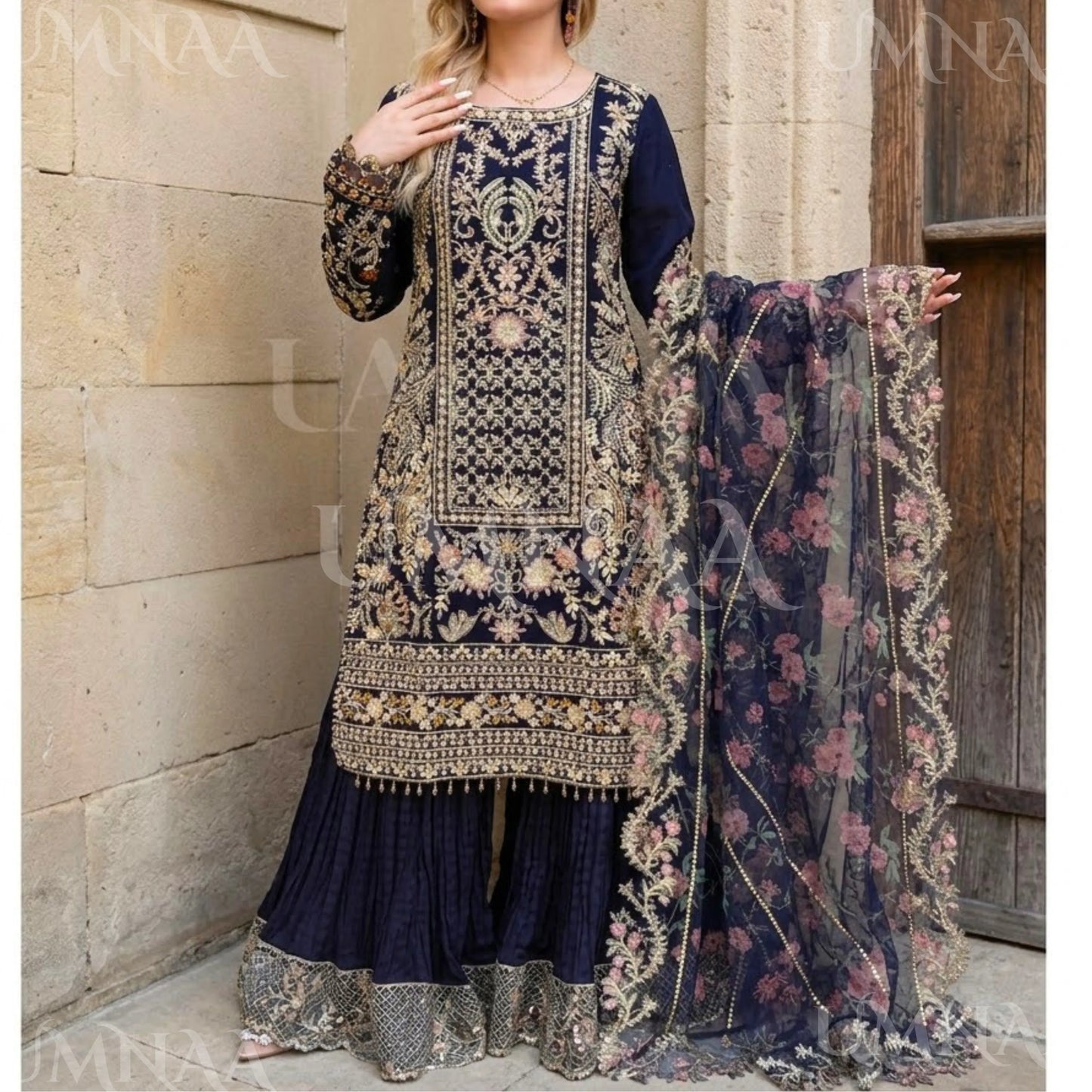 UA-180 Navy Blue Embroidered Festive Chiffon Crushed Sharara Dress by Umnaa
