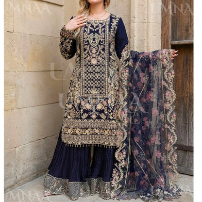 UA-180 Navy Blue Embroidered Festive Chiffon Crushed Sharara Dress by Umnaa