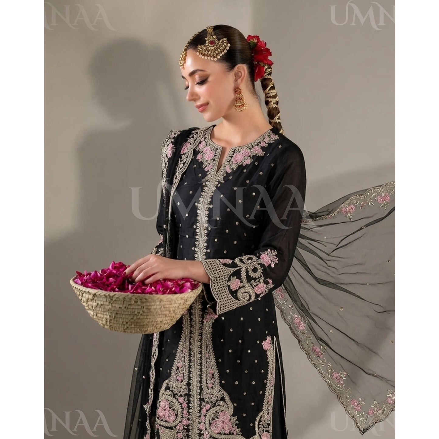 UA-182 Embroidered Viscose 3 Piece Suit with Organza Dupatta | Elegant Pakistani Party Wear by Umnaa