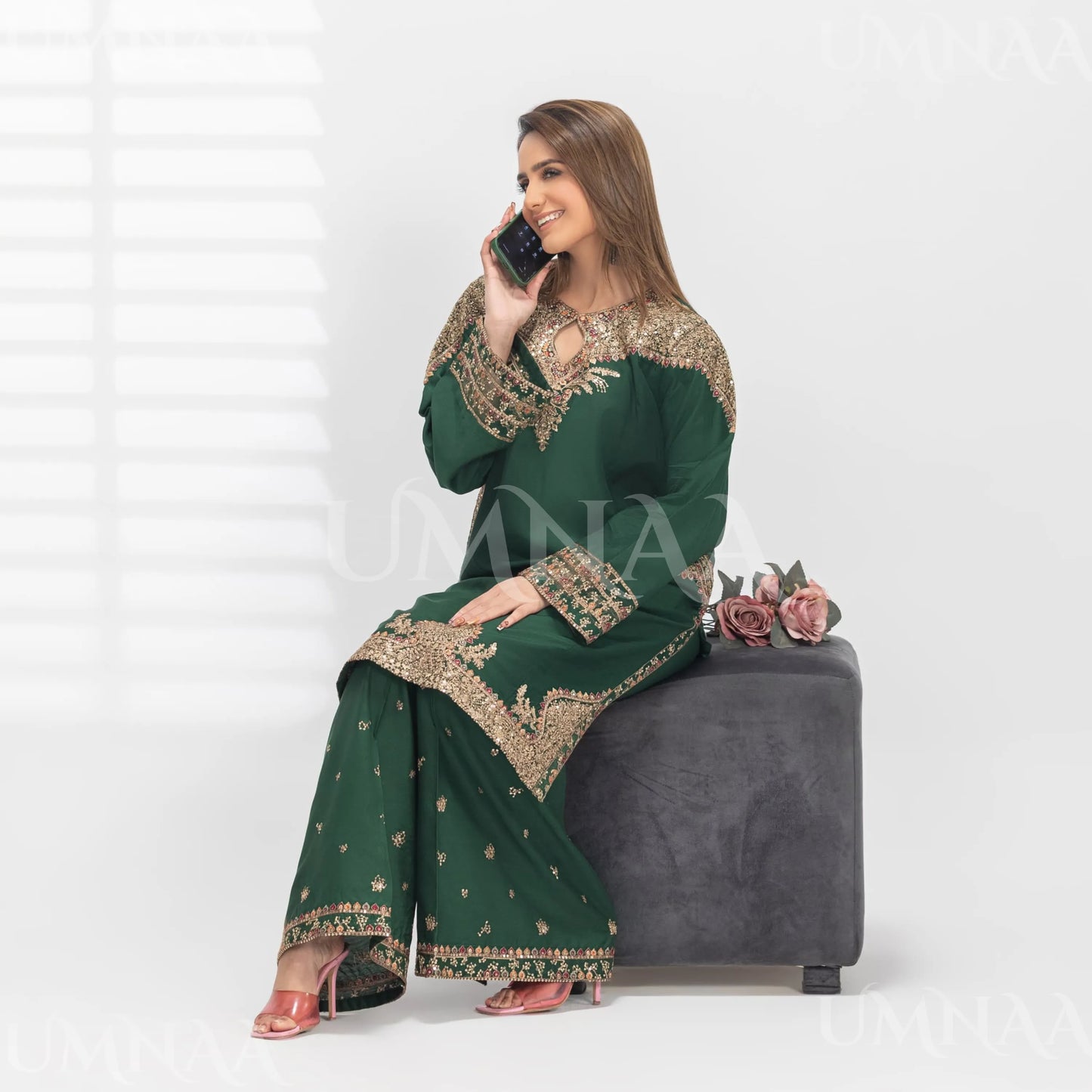 UA-187 Embroidered Cotton dress with Pockets by Umnaa | Ready to Wear | Pakistani Asian Clothes