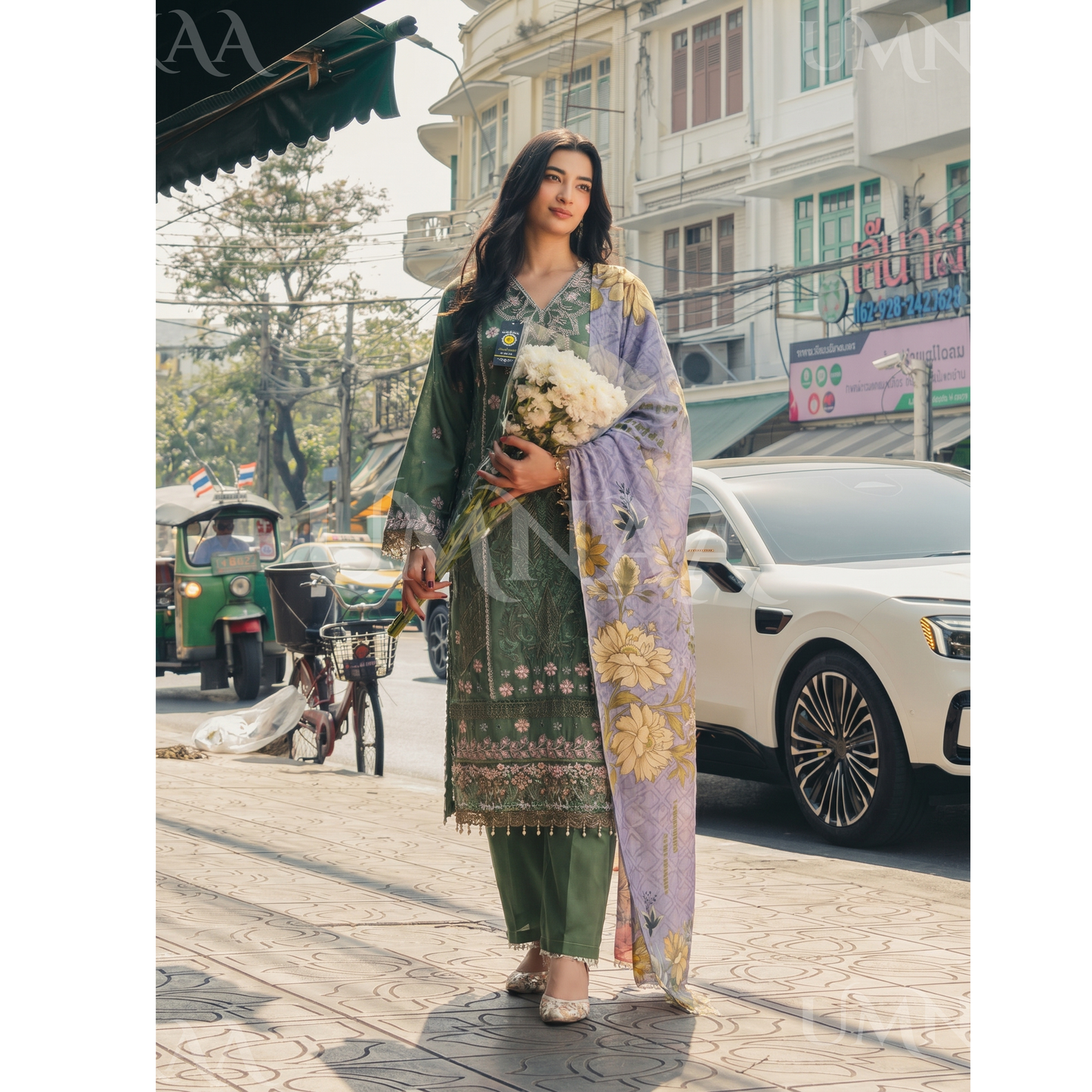 UB-01 3 Pc Embroidered Linen Dress With Cotton Silk Printed Dupatta  By UB