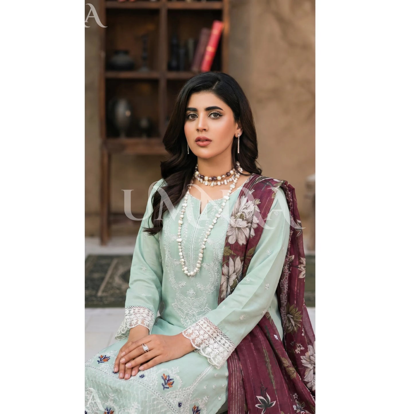 UB-03 3 Pc Embroidered Linen Dress With Cotton Silk Printed Dupatta  By UB
