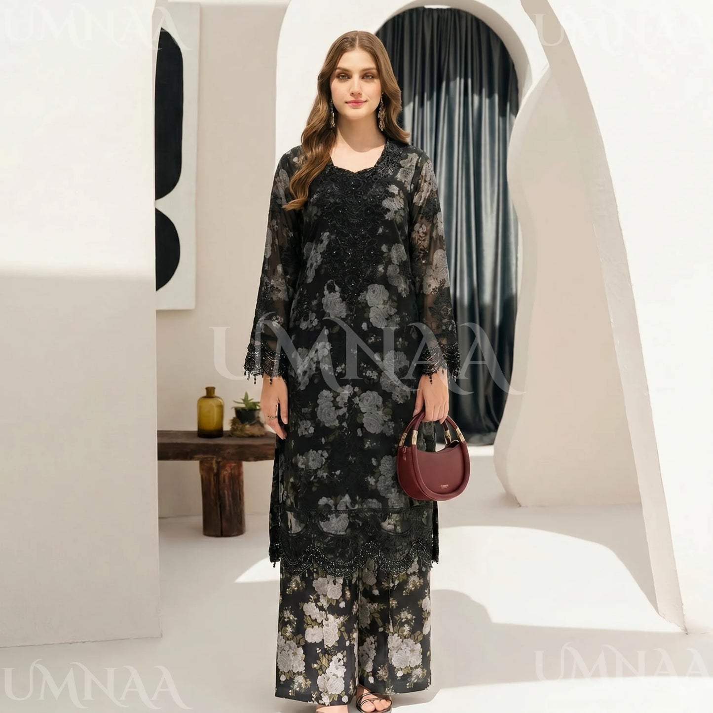 UA-184 Embroidered Chiffon 3-Piece with Printed Lining & Trouser