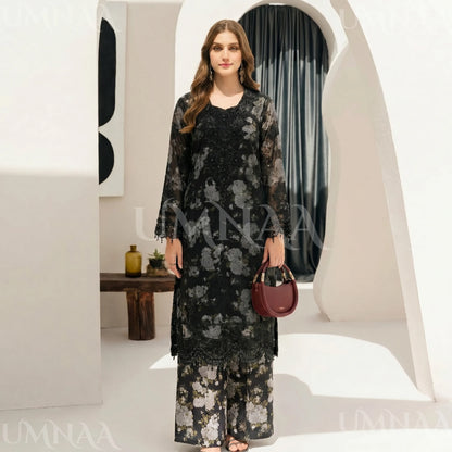 UA-184 Embroidered Chiffon 3-Piece with Printed Lining & Trouser