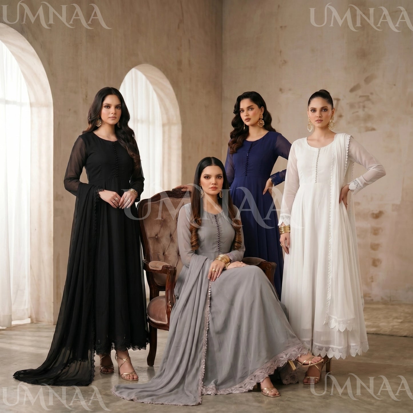 UA-204 Luxury Embroidered Chiffon Frock Collection 3 Pc | Ready to Wear | Umnaa