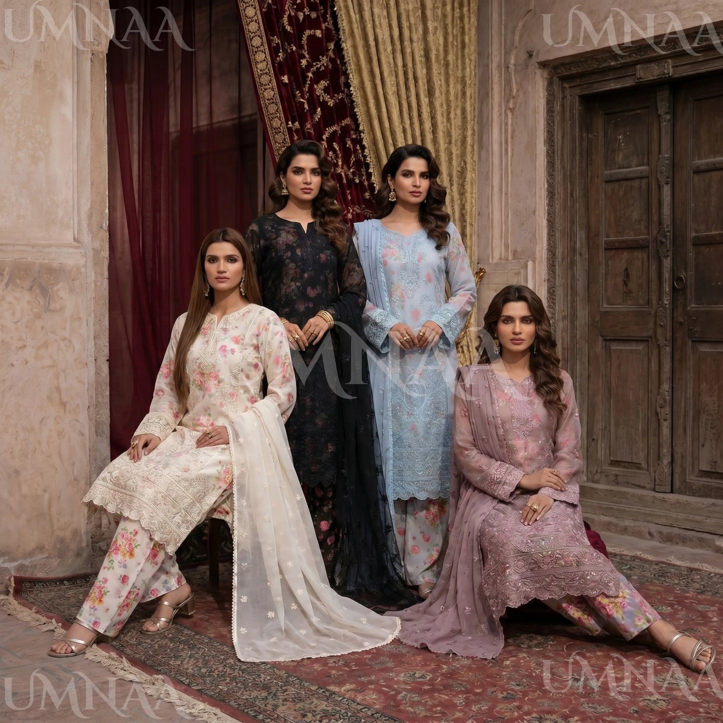 UA-205 Embroidered Chiffon 3-Piece with Printed Lining & Trouser
