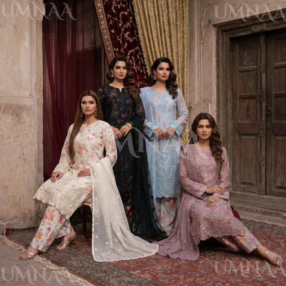 UA-205 Embroidered Chiffon 3-Piece with Printed Lining & Trouser