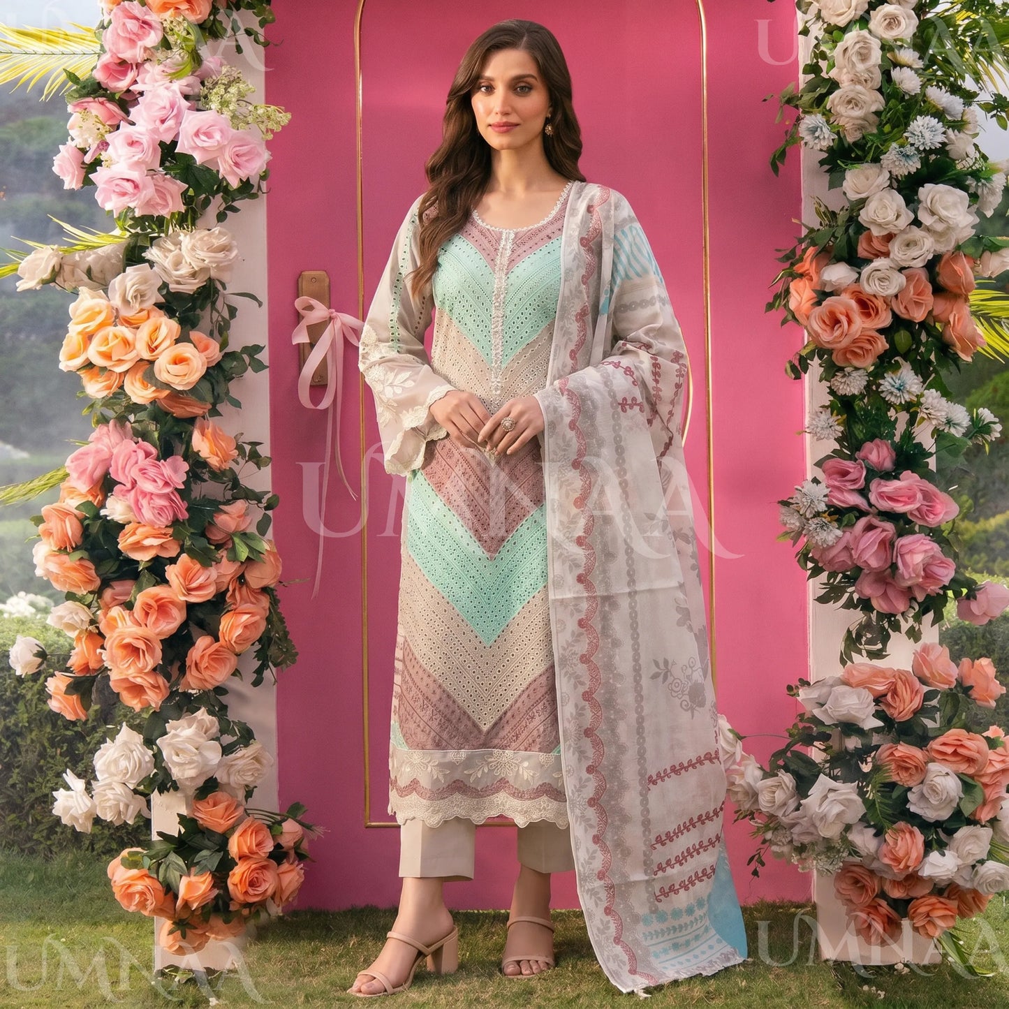 UA-208 Embroidered Chikenkari Cambric Cotton Pastel Festive Collection by Umnaa - Ready to Wear Pakistani Asian clothes