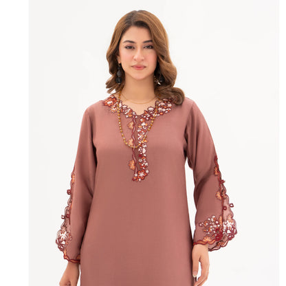 RA-32 MIDNIGHT BLOSSOM Embroidered Raw Silk Long Kaftan Style 2 Piece | Elegant Women's Festive & Formal Wear