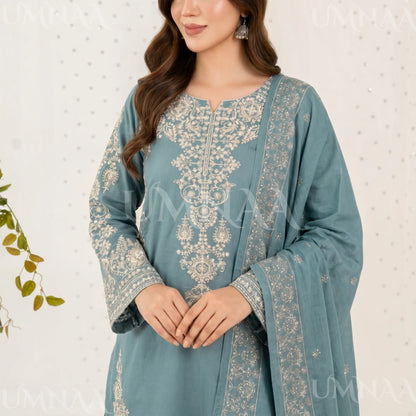 UA-222 Embroidered Cotton Ready to Wear Collection Pakistani Asian Women | 3 Piece Shirt Trouser Duppata by Umnaa