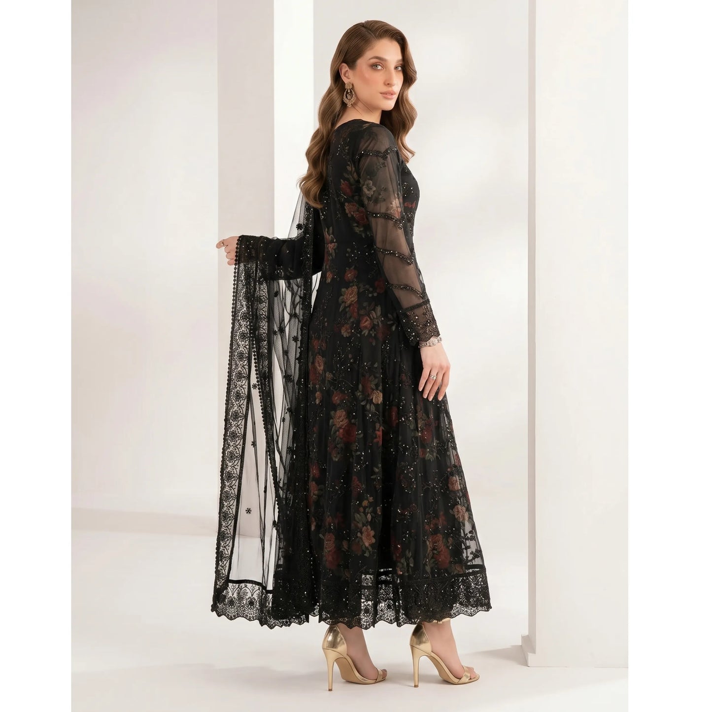 UA-224 Embroidered Chiffon Frock 3 Pc Suit | Printed Inner Lining | Trouser & Chiffon Dupatta | Formal Party Wear