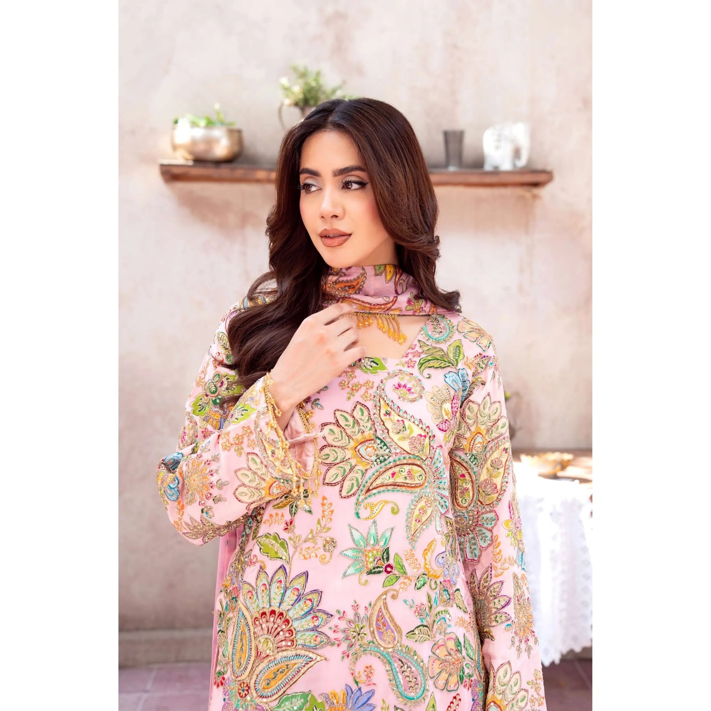 UA-225 Trendy Indian Armani Silk 3 Piece Suit by Umnaa | Embroidered Kameez with Shamoos Silk Shararah & Apple Silk Dupatta | Festive & Party Wear