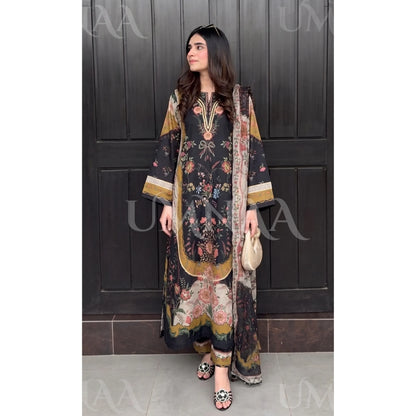 UA-228 Printed Lawn Long Kaftan Style 3  Piece Casual Summer Collection by Umnaa