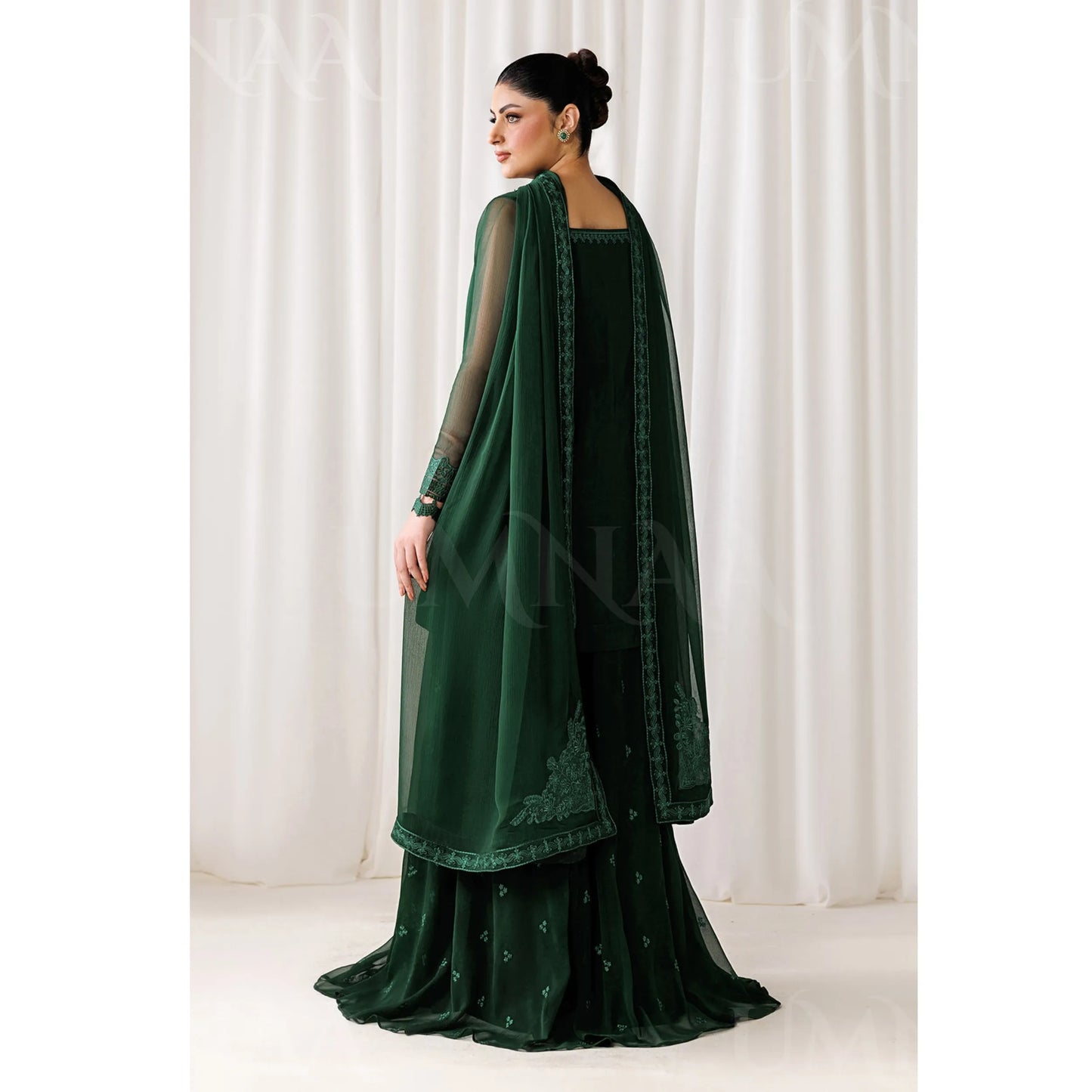 UA-230 Chiffon Sharara Full Sleeves Lined 3 Piece Suit | Chiffon Shirt with Embroidered Sharara & Dupatta | Formal Party Wear