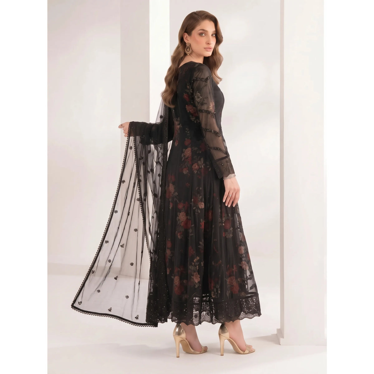 UA-224 Embroidered Chiffon Frock 3 Pc Suit | Printed Inner Lining | Trouser & Chiffon Dupatta | Formal Party Wear