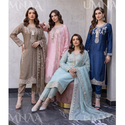 UA-289 Luxury Silk 3-Pc Suit | Embroidered Pakistani Formal Wear