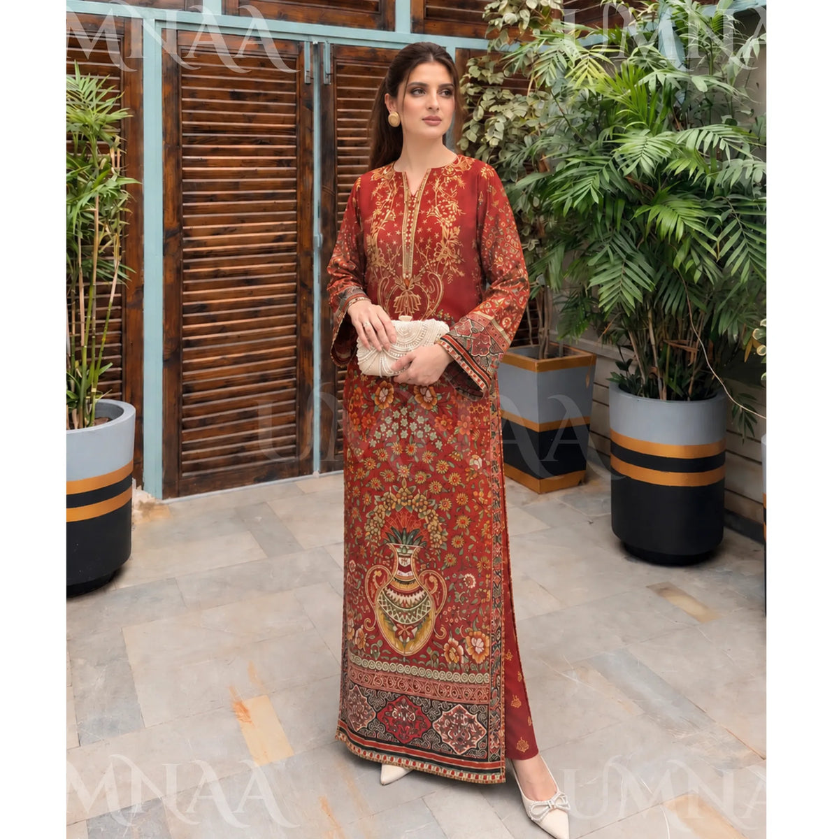 UA-302 Printed Shamooz Silk Kaftan Style Co-Ord | Umnaa