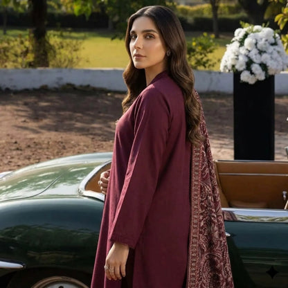 UA-303 Winter Dhanak Embroidered Shawl 3 Pc | Umnaa