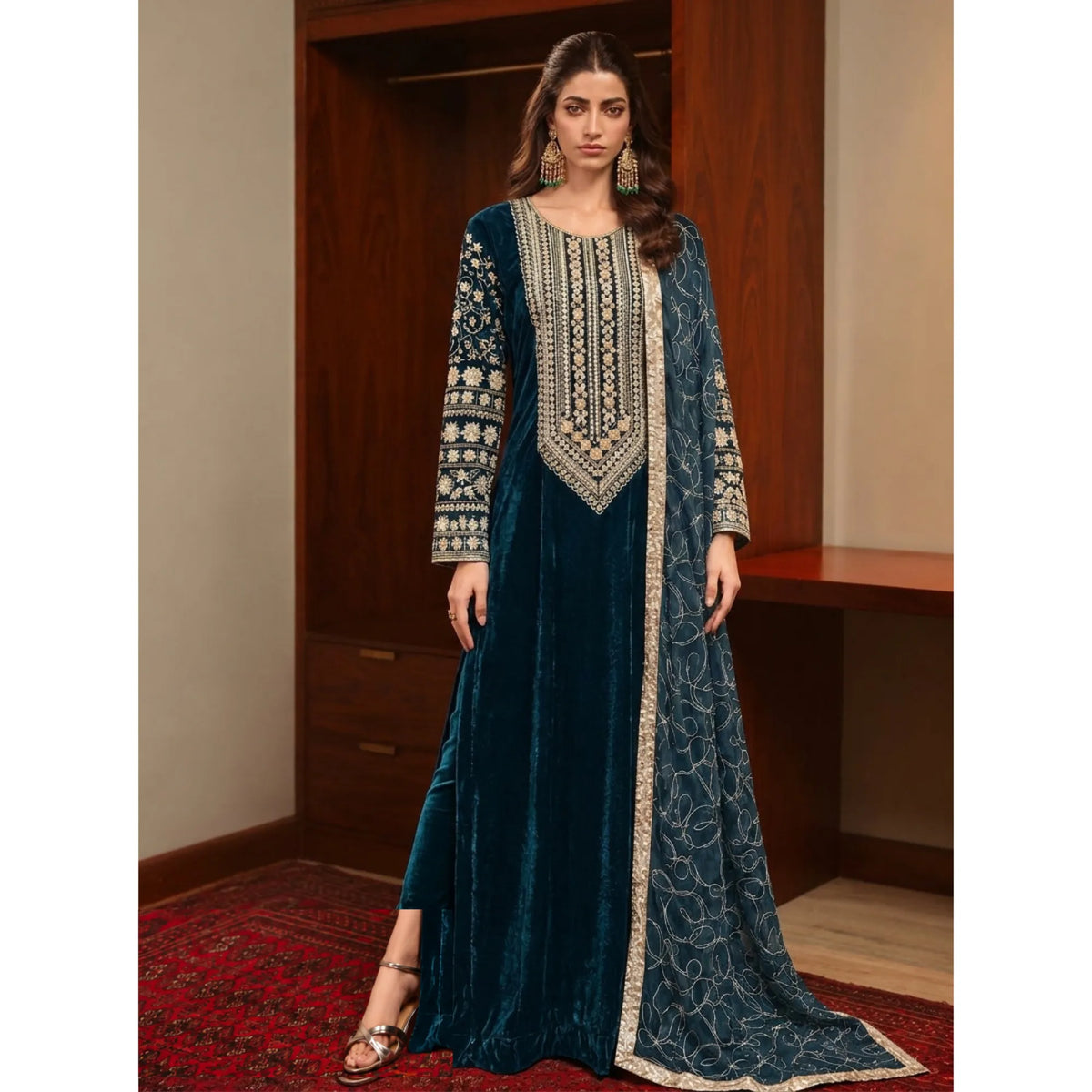 UA-324 Embroidered Velvet Kaftan 3 Pc | Umnaa