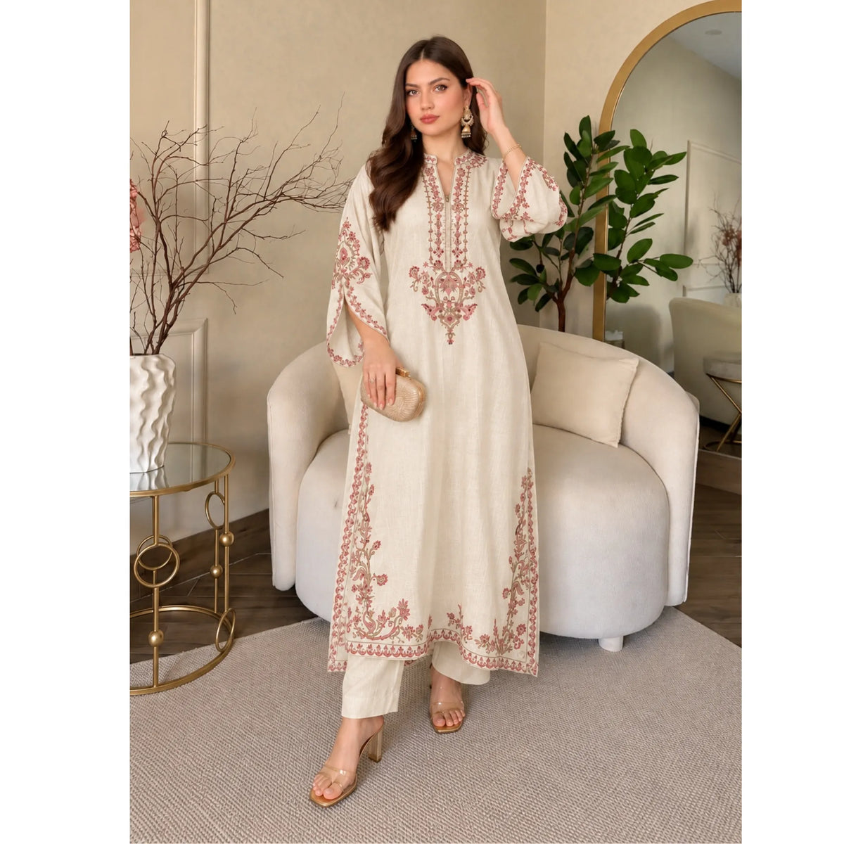 UA-329 Luxury Dhanak Kaftan Co-Ord 2 Pc | Umnaa